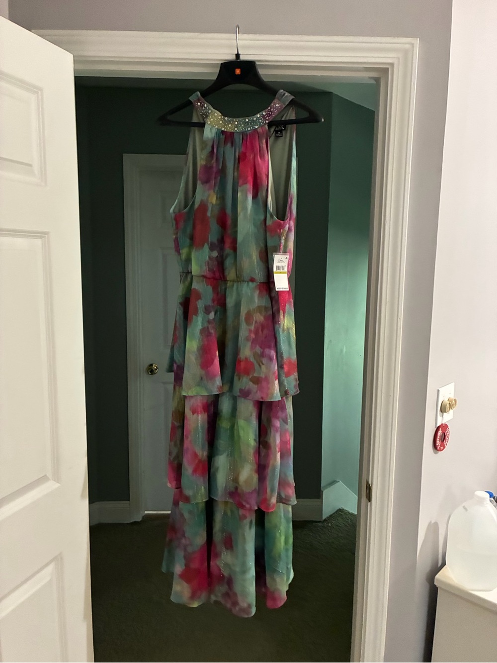 SLNY Multicolor Tiered Chiffon Dress with Beaded Collar, STUNNING!